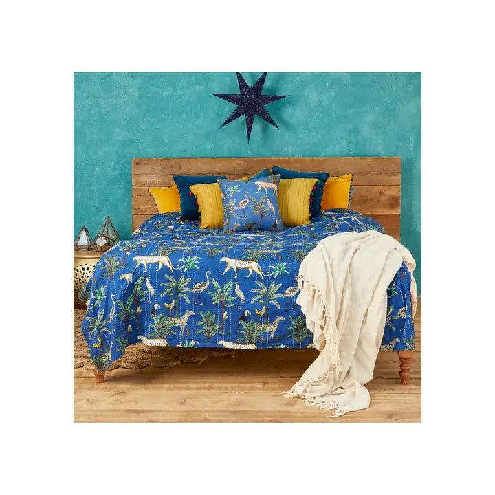 Jungle Print Kantha Bed Throw, Blue - Horizon and Stone 