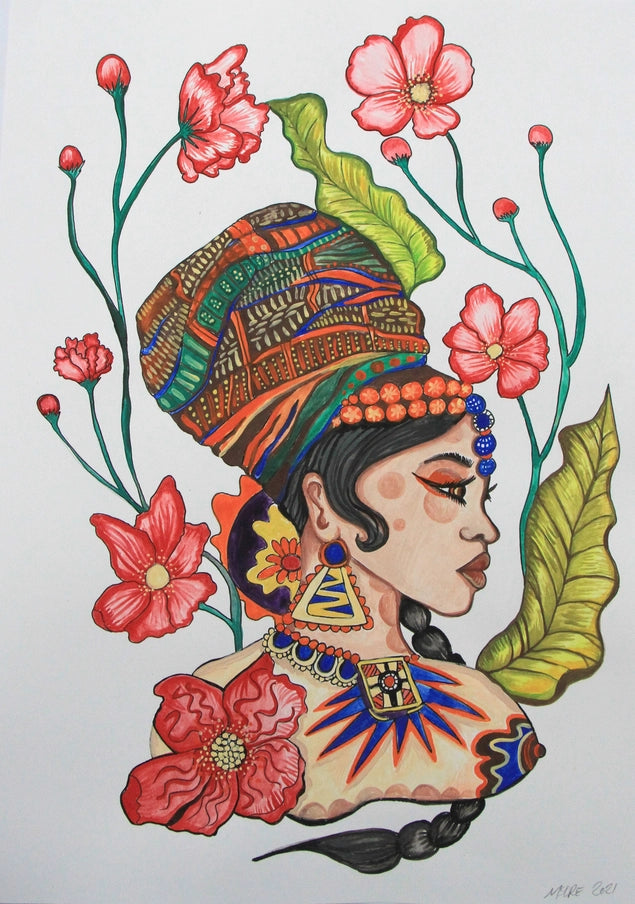 Afro Futurism Head Wrap Nude Floral Original Painting - Horizon and Stone 