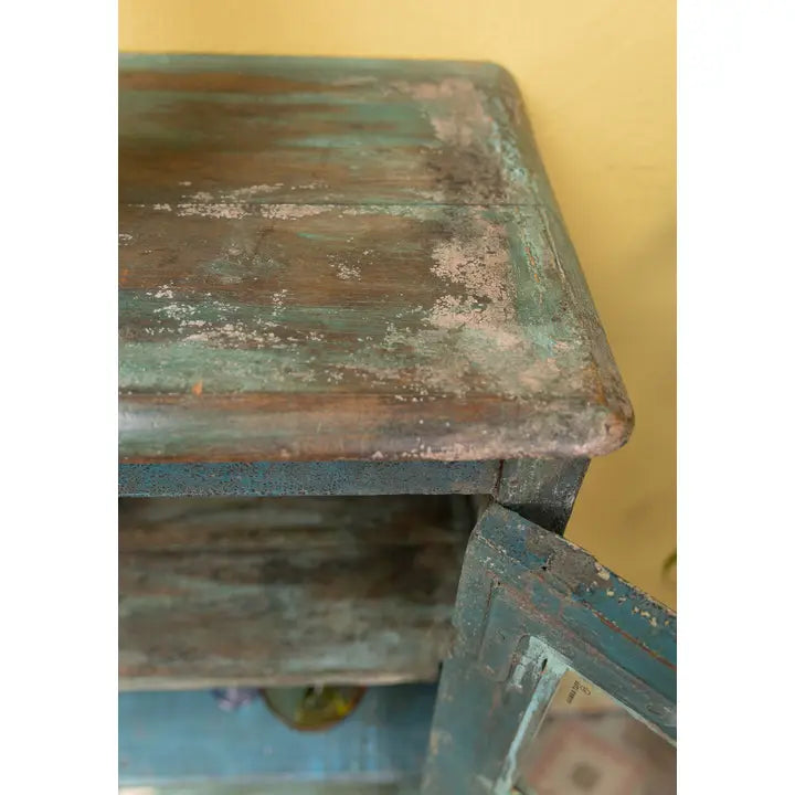 Distressed Vintage Teal Wood & Glass Door, 3 Shelf Cabinet - Horizon and Stone 