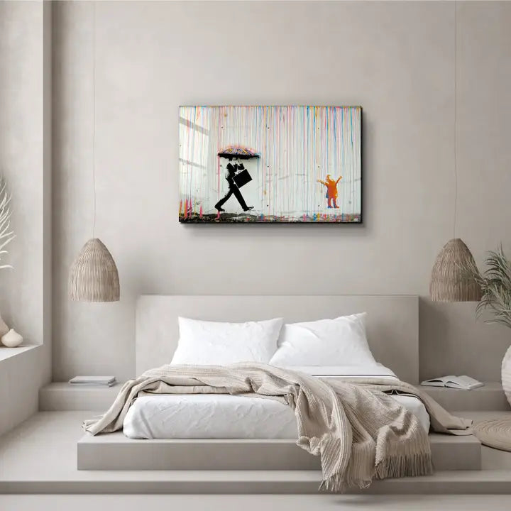 Banksy - Umbrella Man - Rainbow Rain Girl "・Glass Wall Art - Horizon and Stone 
