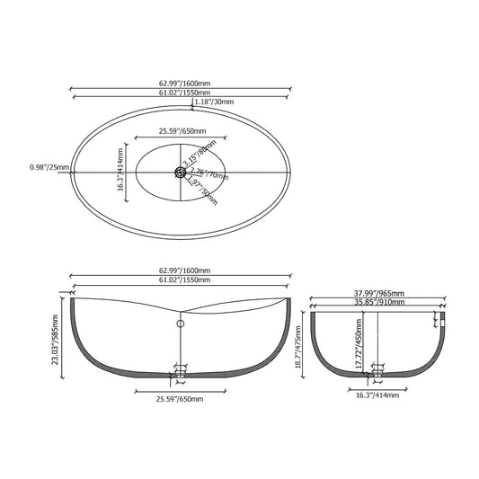 1600mm Industrial Concrete Soaking Bath Oval Cement Freestanding Bathtub in Grey