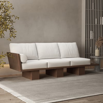 2460mm Walnut Japandi Solid Wood Living Room Sofa 3-Seater Cotton & Linen Upholstery - Horizon and Stone 