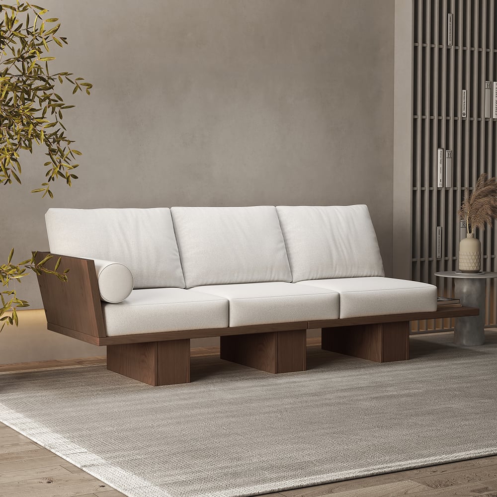 2460mm Walnut Japandi Solid Wood Living Room Sofa 3-Seater Cotton & Linen Upholstery - Horizon and Stone 