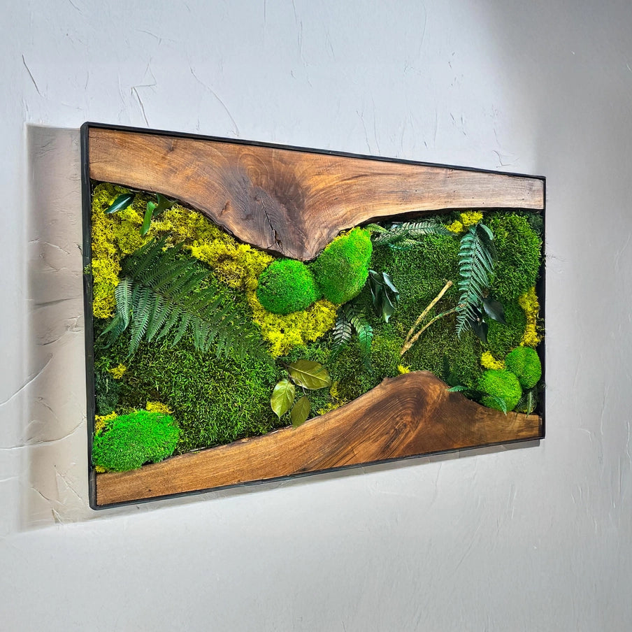 Moss Wall Art with Led Lights, Olive Wood and Preserved Moss Wall Decor, Handmade Biophilic Art, Preserved Stabilized Moss Living Wall Art - Horizon and Stone 