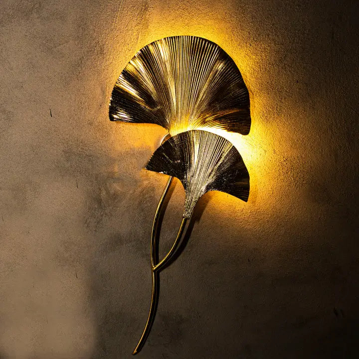 Handmade Ginkgo Double Leaf Sconce Lighting, Mid Century Gold Wall Lamp