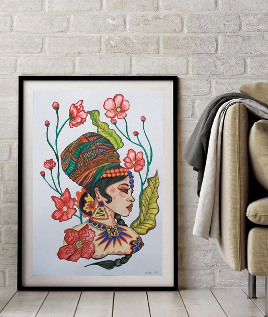 Afro Futurism Head Wrap Nude Floral Original Painting - Horizon and Stone 