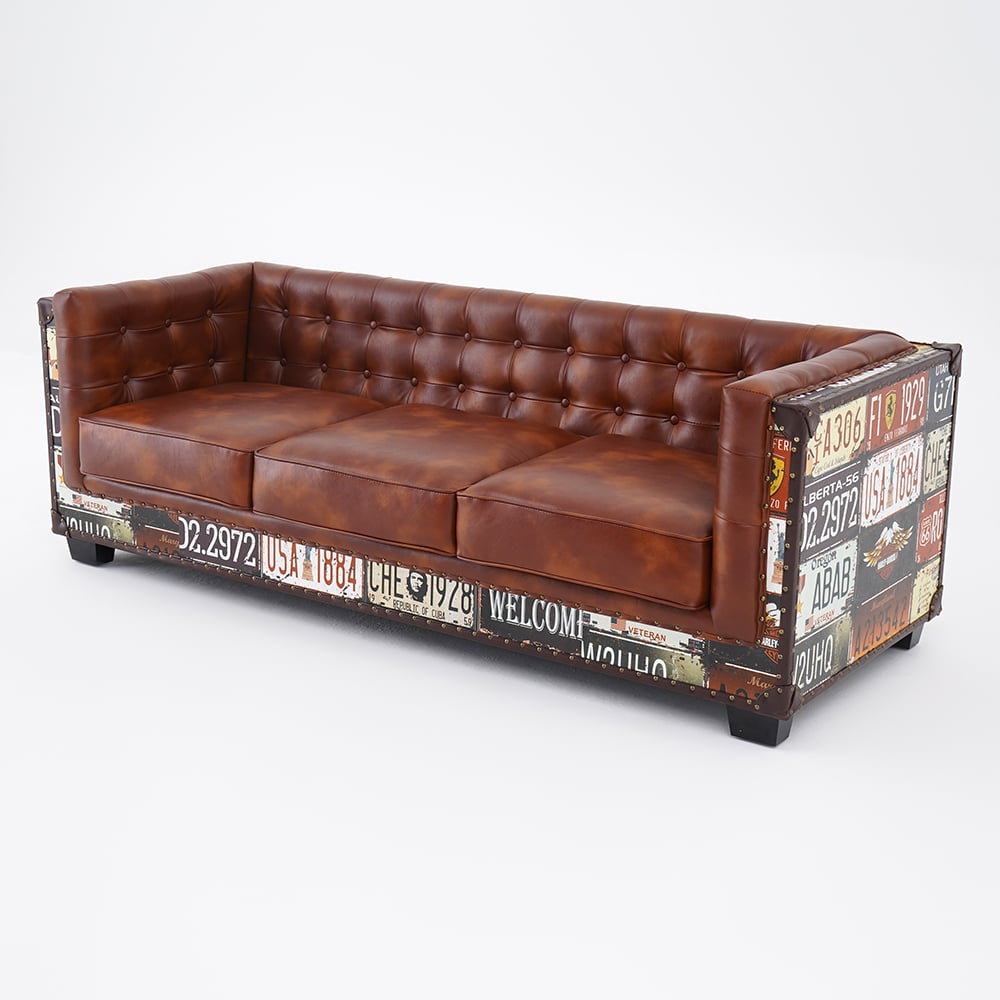Vintage Industrial Loft 3-Seater Sofa Tufted Brown Faux Leather Upholstered Sofa - Horizon and Stone 