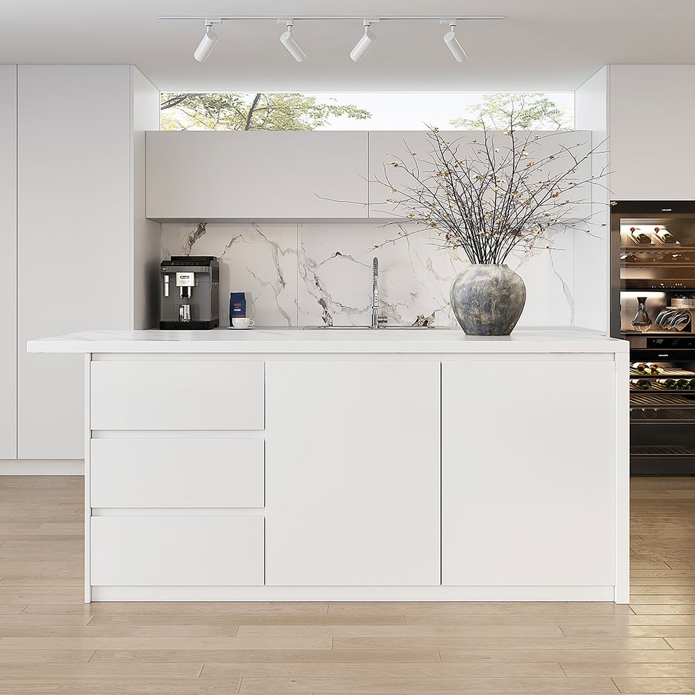 1830mm Large White Kitchen Island with Storage Kitchen Cabinet Marble Veneered Top