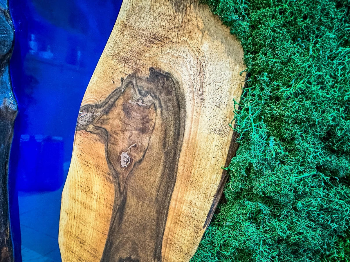 Moss and Wood Wall Art - Handmade Live Edge Olive Wood & Preserved Moss Wall River Design - Horizon and Stone 