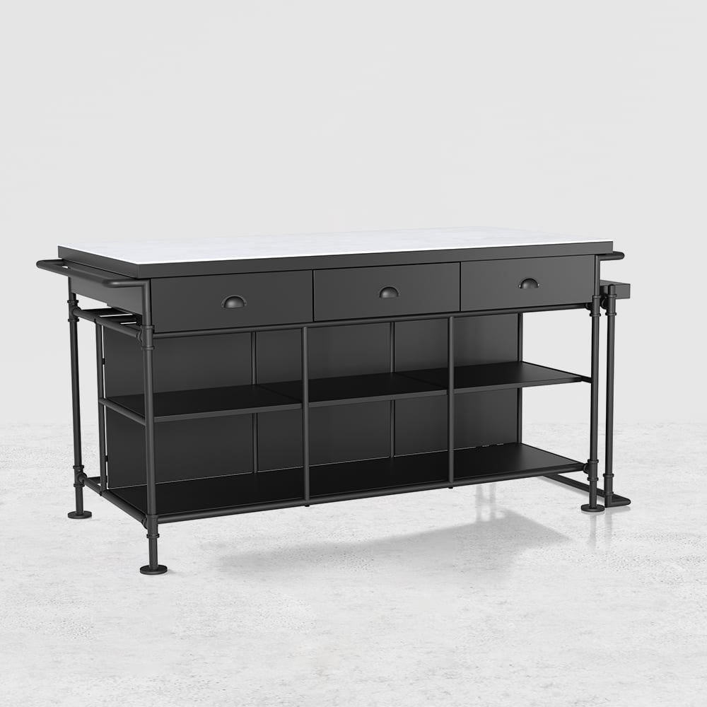 1525mm Kitchen Islands Extendable Faux Marble Top Industrial with 3-Drawer - Horizon and Stone 