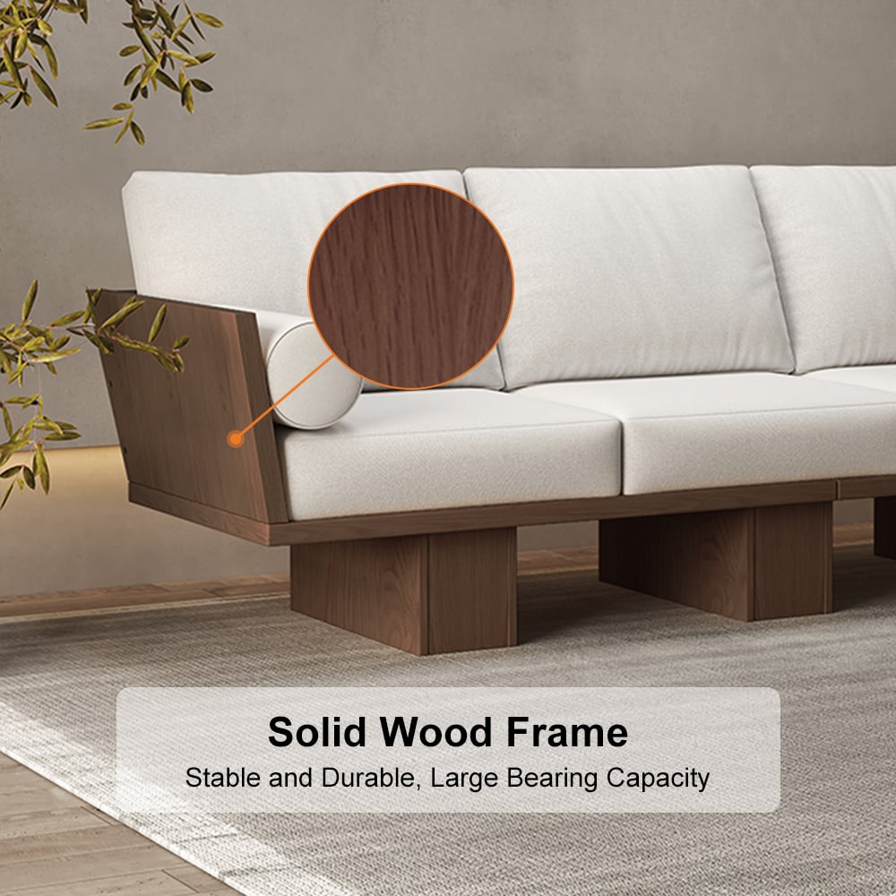2460mm Walnut Japandi Solid Wood Living Room Sofa 3-Seater Cotton & Linen Upholstery - Horizon and Stone 