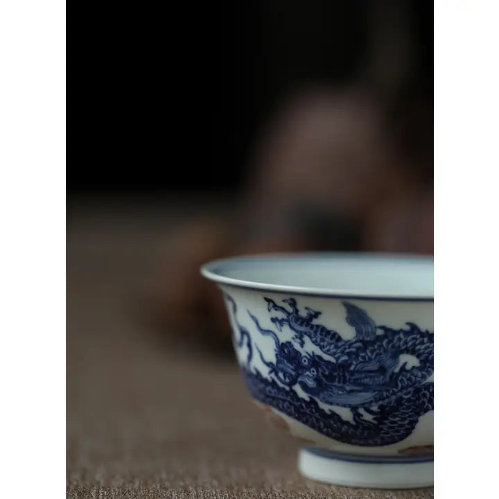 Gohobi Hand-Painted Wood-Fired Blue & White Dragon Porcelain Tea Cup