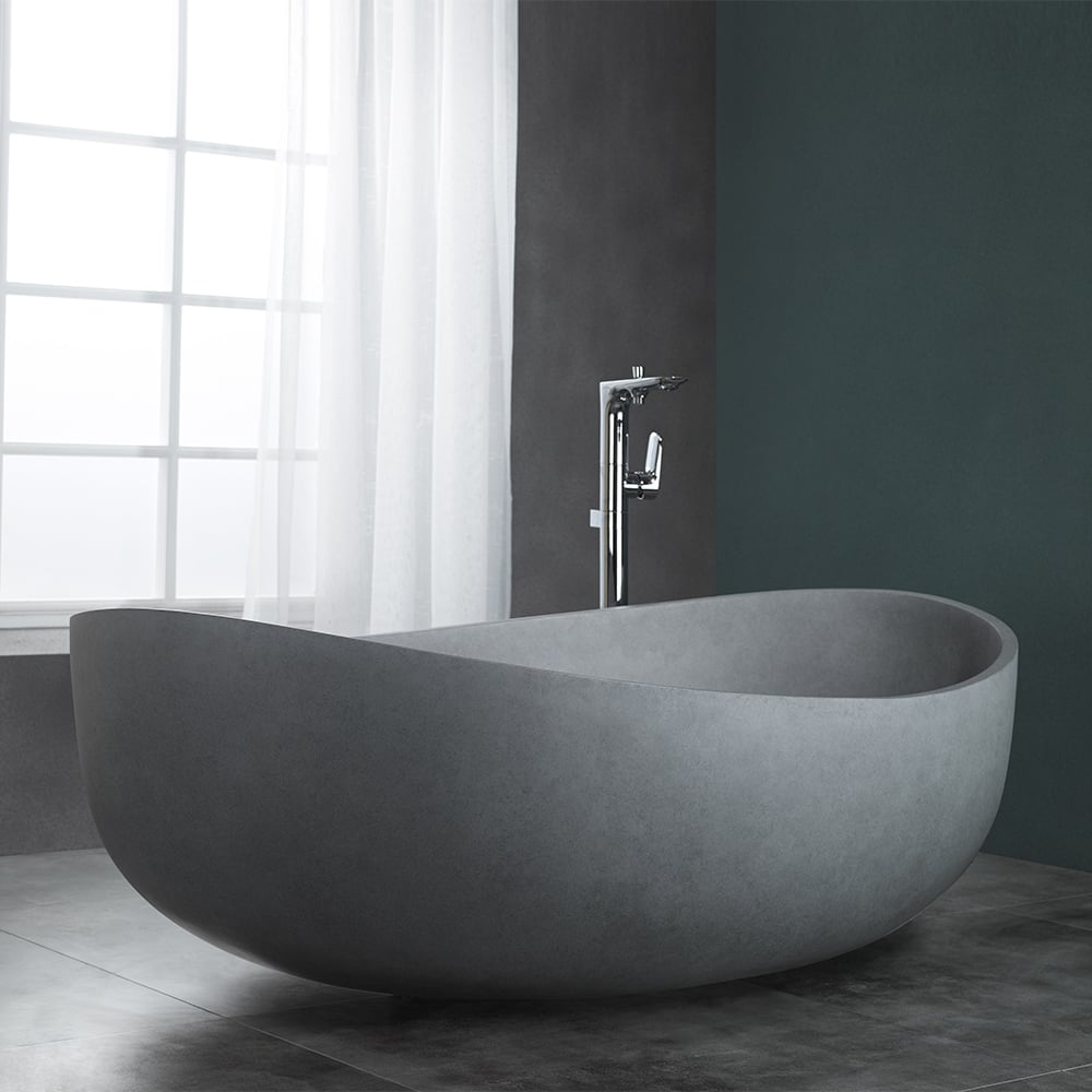 1600mm Industrial Concrete Soaking Bath Oval Cement Freestanding Bathtub in Grey - Horizon and Stone 