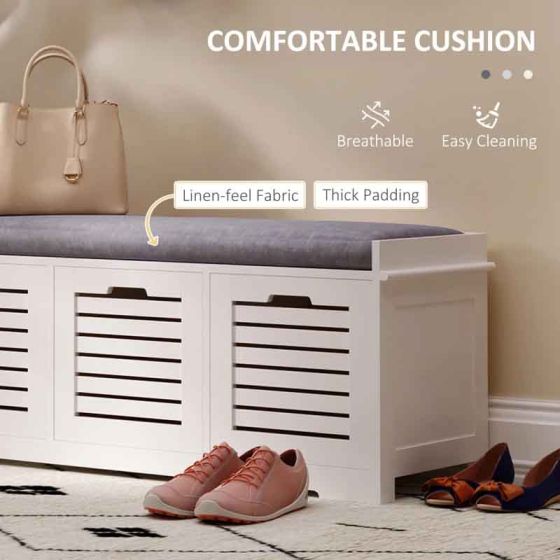 HOMCOM 3 Slatted Drawers Shoe Storage Bench - White - Horizon and Stone 