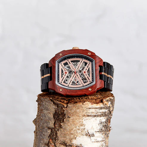 The Mahogany - Handmade Wood Mechanical Vegan Wristwatch - Horizon and Stone 