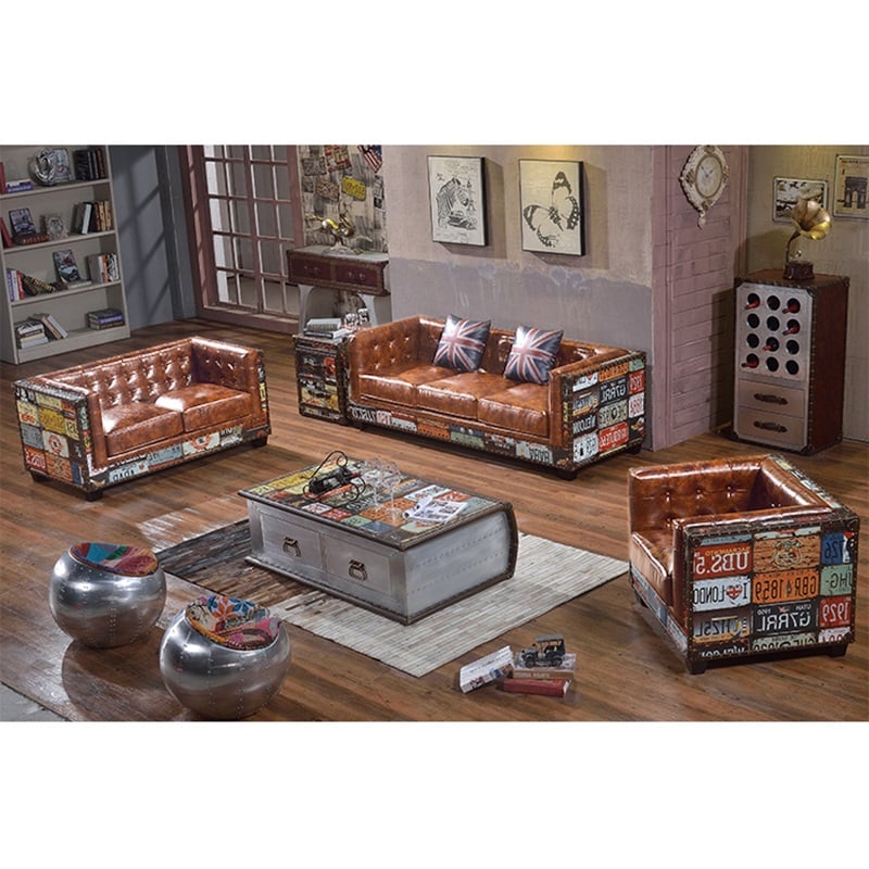 Vintage Industrial Loft 3-Seater Sofa Tufted Brown Faux Leather Upholstered Sofa - Horizon and Stone 