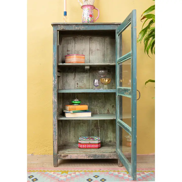 Distressed Vintage Teal Wood & Glass Door, 3 Shelf Cabinet - Horizon and Stone 