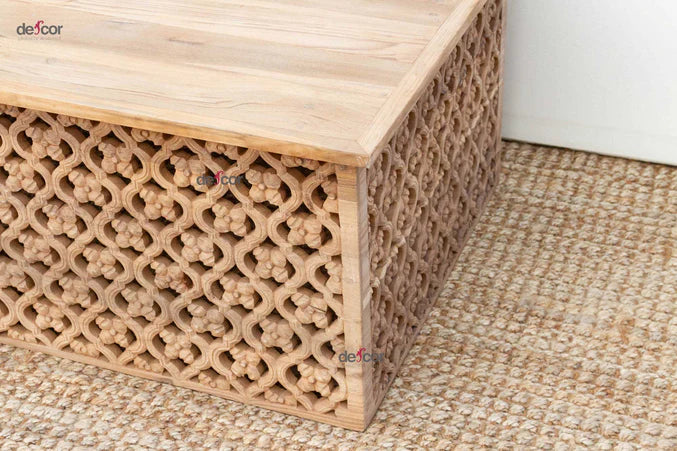 Reclaimed Teak Carved Floral Jali Coffee Table - Horizon and Stone 