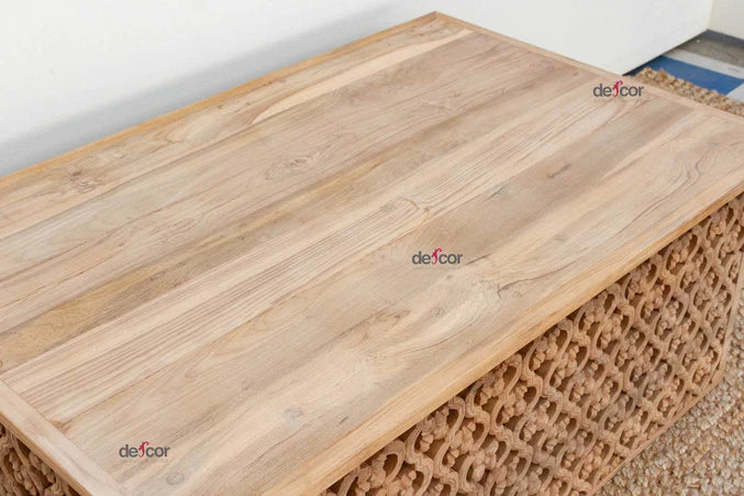 Reclaimed Teak Carved Floral Jali Coffee Table - Horizon and Stone 