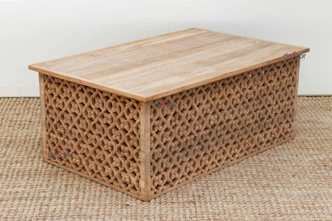 Reclaimed Teak Carved Floral Jali Coffee Table - Horizon and Stone 
