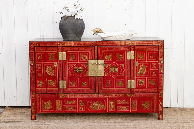Mid-Century Bridal Red Painted Credenza - ONE OF A KIND - Horizon and Stone 