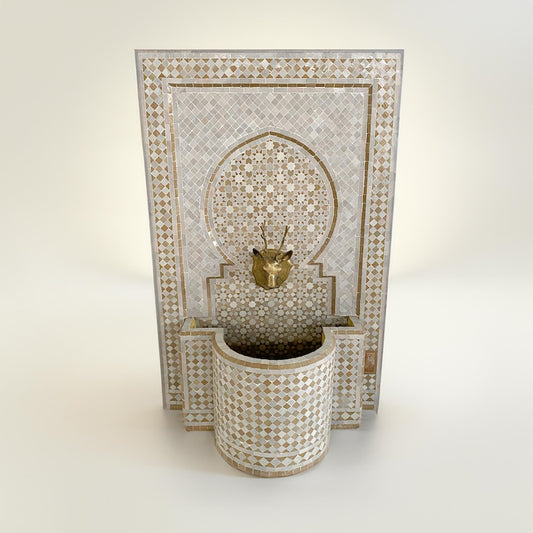 Moroccan Mosaic Fountain, White Beige Outdoor Wall Fountain