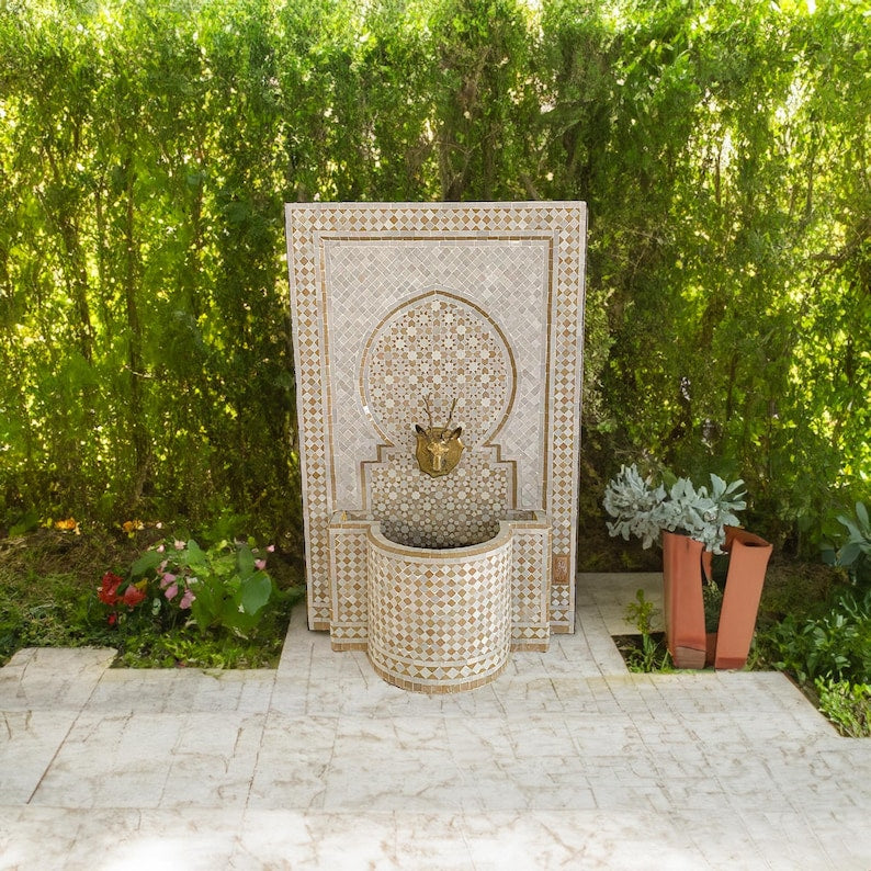 Moroccan Mosaic Fountain, White Beige Outdoor Wall Fountain