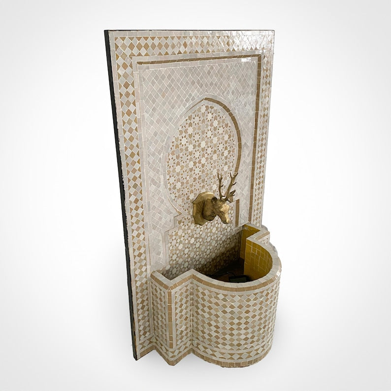 Moroccan Mosaic Fountain, White Beige Outdoor Wall Fountain