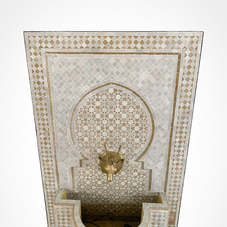Moroccan Mosaic Fountain, White Beige Outdoor Wall Fountain