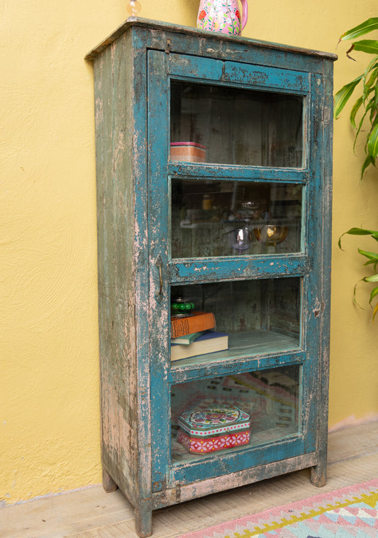Distressed Vintage Teal Wood & Glass Door, 3 Shelf Cabinet - Horizon and Stone 