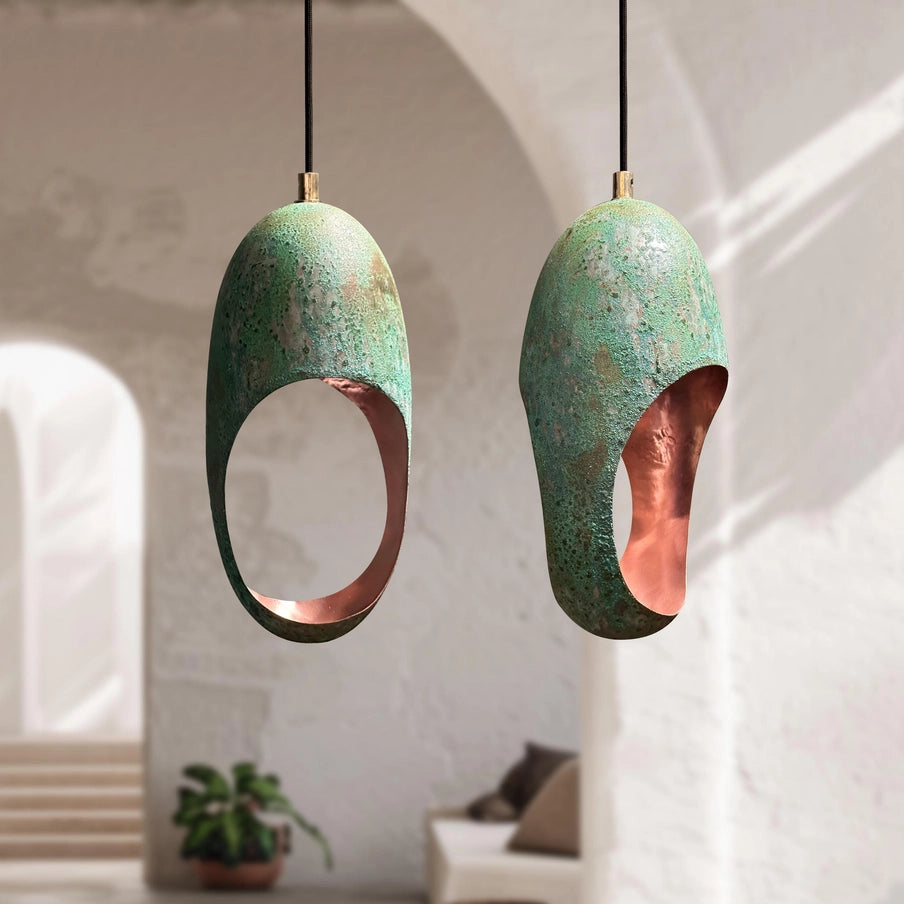 Set of 2 Handmade Green Patina Farmhouse Oval Copper Light