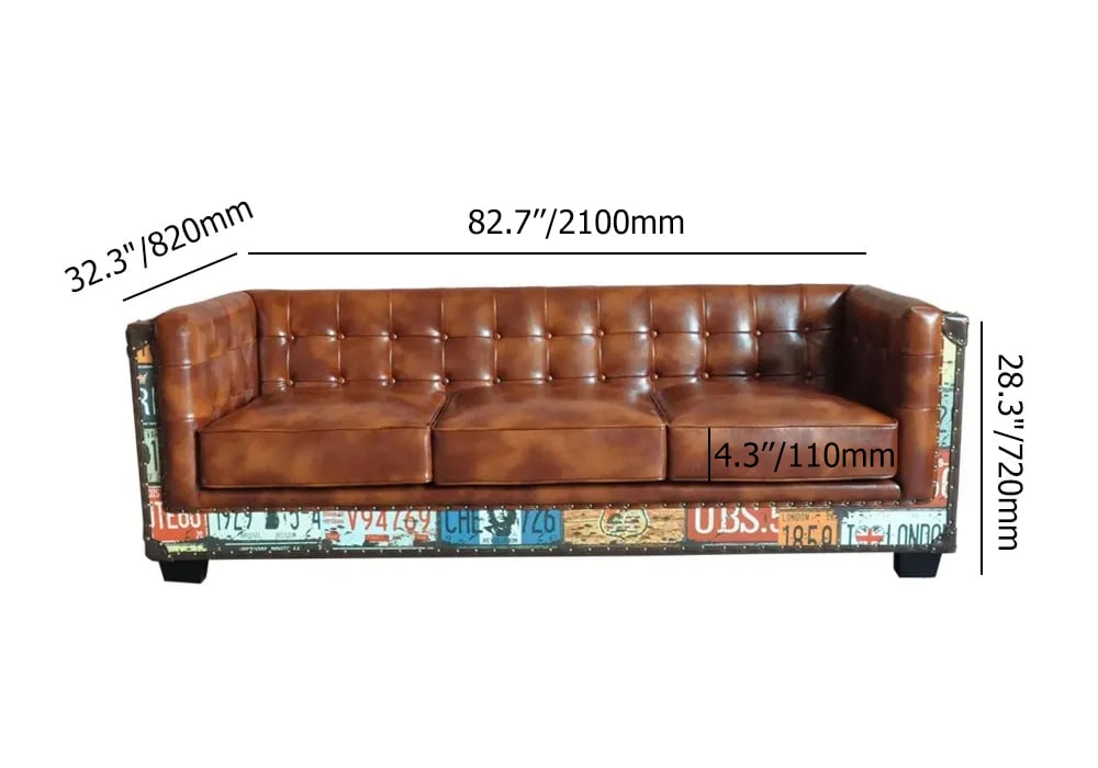Vintage Industrial Loft 3-Seater Sofa Tufted Brown Faux Leather Upholstered Sofa - Horizon and Stone 