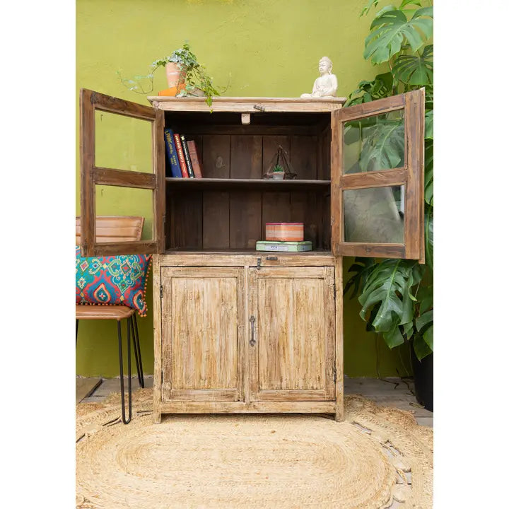 Vintage Wood & Glass 3 Door, 1 Shelf Cabinet