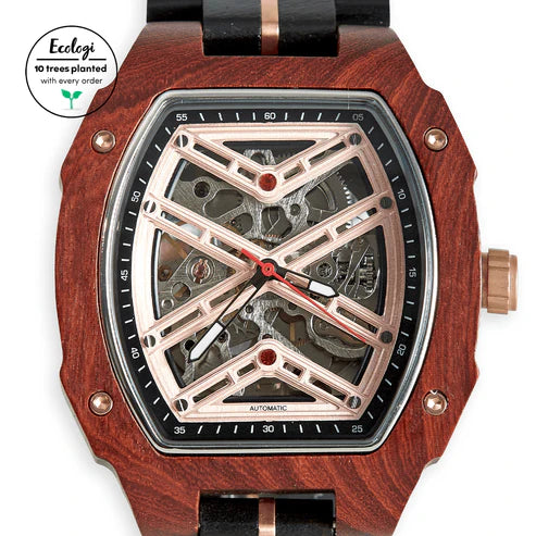 The Mahogany - Handmade Wood Mechanical Vegan Wristwatch - Horizon and Stone 