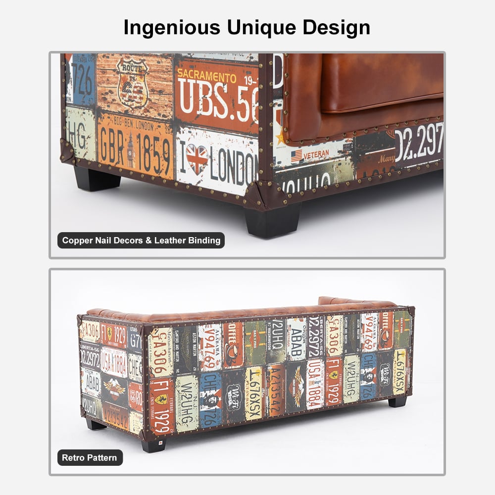 Vintage Industrial Loft 3-Seater Sofa Tufted Brown Faux Leather Upholstered Sofa - Horizon and Stone 