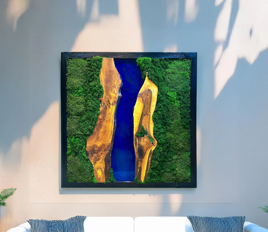 Moss and Wood Wall Art - Handmade Live Edge Olive Wood & Preserved Moss Wall River Design - Horizon and Stone 