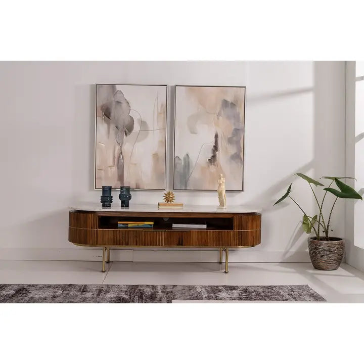 Natural Wood Tv Cabinet and White Marble Top - Horizon and Stone 
