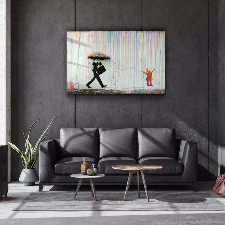 Banksy - Umbrella Man - Rainbow Rain Girl "・Glass Wall Art - Horizon and Stone 