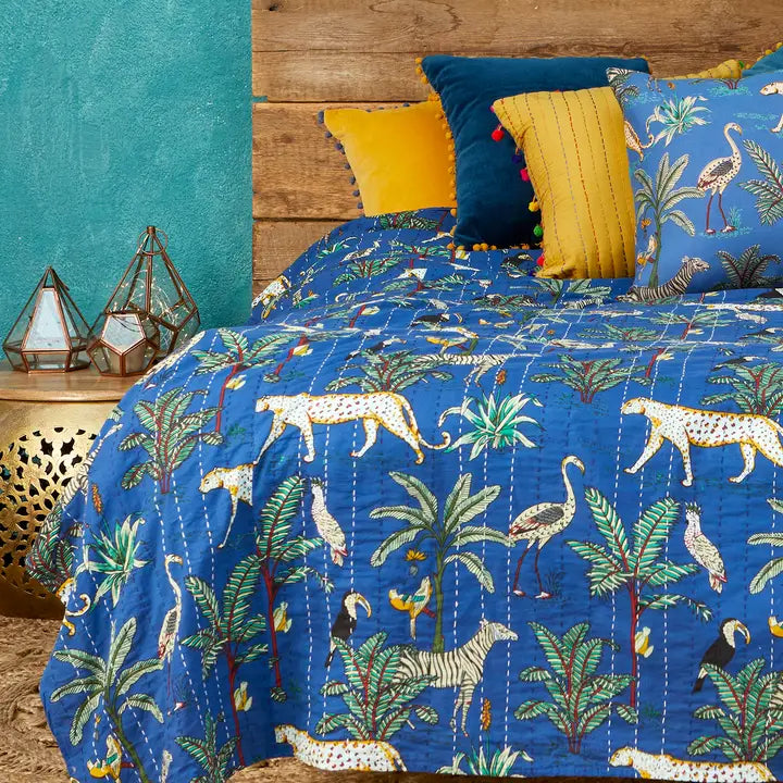 Jungle Print Kantha Bed Throw, Blue - Horizon and Stone 