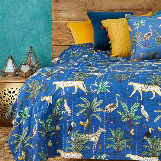 Jungle Print Kantha Bed Throw, Blue - Horizon and Stone 
