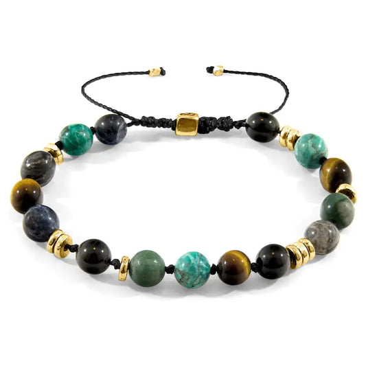 Multicoloured Multi-Gem Agaya 9ct Yellow Gold and Stone Beaded Macrame Bracelet - Horizon and Stone 