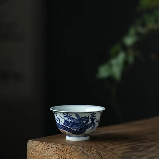 Gohobi Hand-Painted Wood-Fired Blue & White Dragon Porcelain Tea Cup