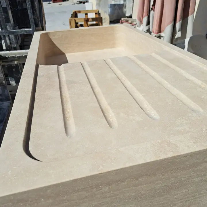 Marble Kitchen Sink, Custom Stone Sink with Drainboard For Kitchen Countertop,TRAVERTINE