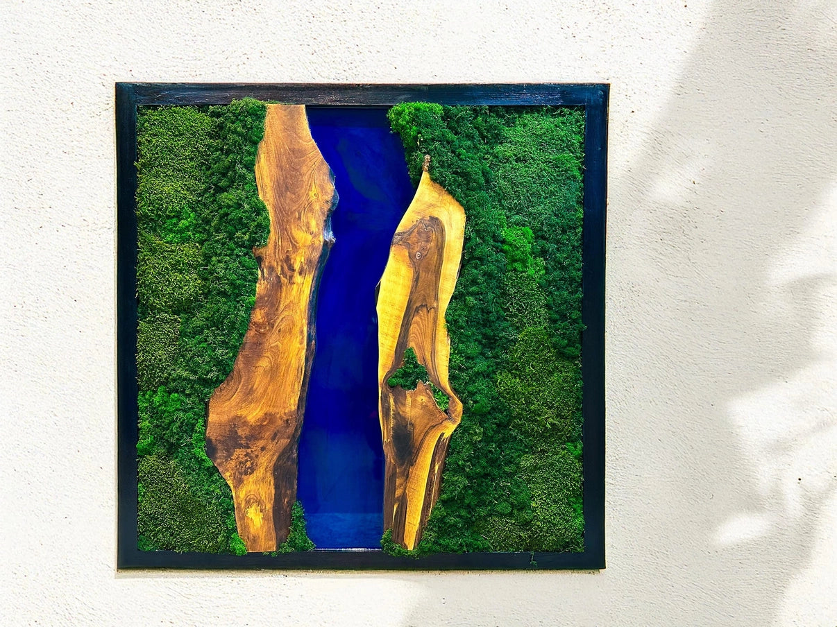 Moss and Wood Wall Art - Handmade Live Edge Olive Wood & Preserved Moss Wall River Design - Horizon and Stone 