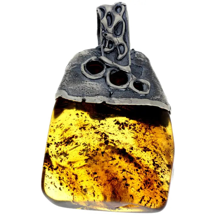 Sterling Silver & Genuine Cognac Baltic Amber Exlusive Unique Pendant