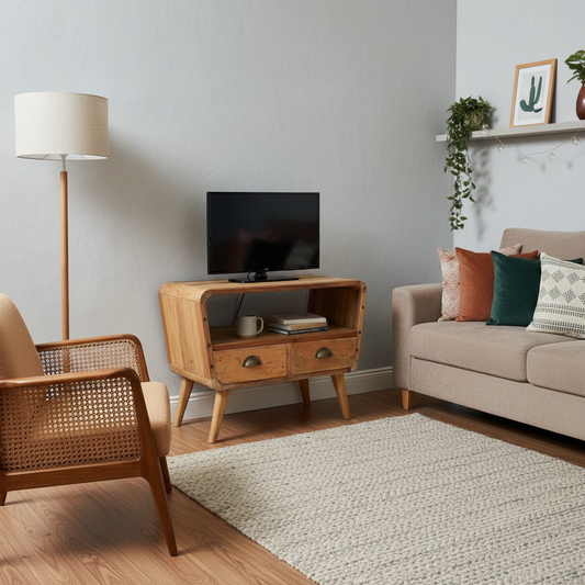 Recycled Teak Wood Small TV Stand with 2 Draws Round Length 81x49x41cm - Horizon and Stone 