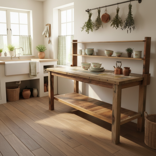 Recycled Teak Wood Dining Table with Top Shelf  180×80x80cm - Horizon and Stone 