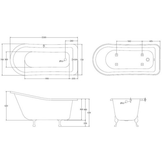 BC Designs Fordham 1500mm Single Ended Slipper Bath with Feet Set 1 - Polished White - Horizon and Stone 