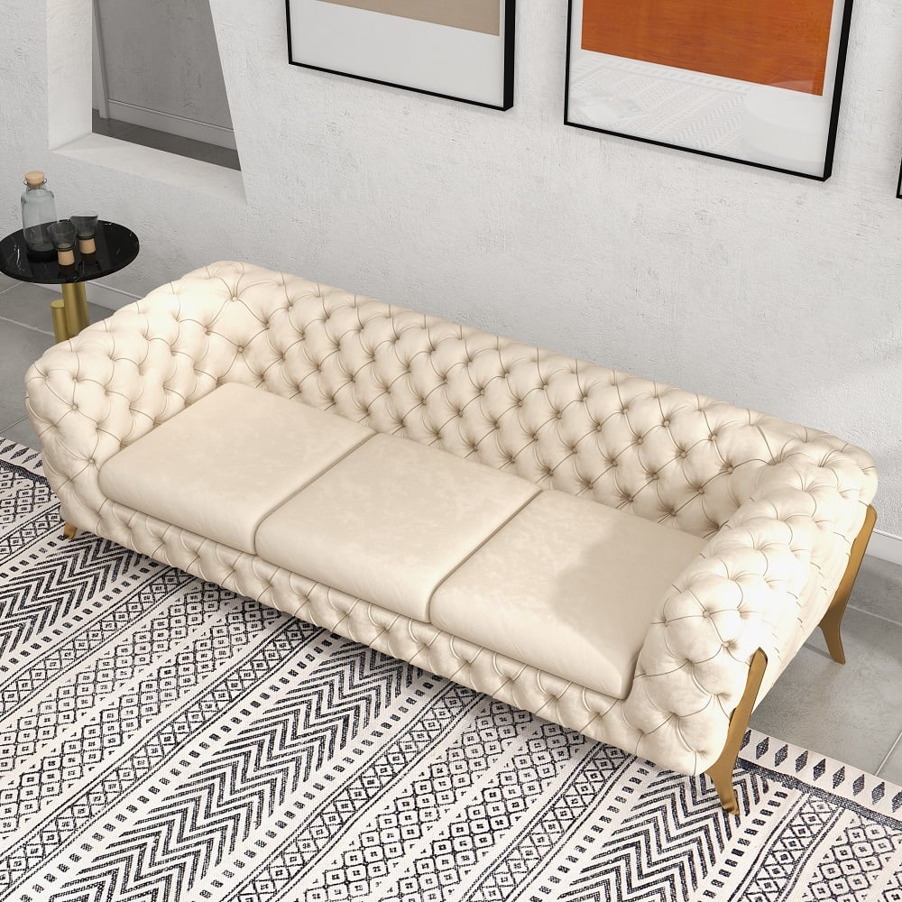 2300mm Beige Modern Chesterfield Sofa 3-Seater Button Tufted Velvet - Horizon and Stone 