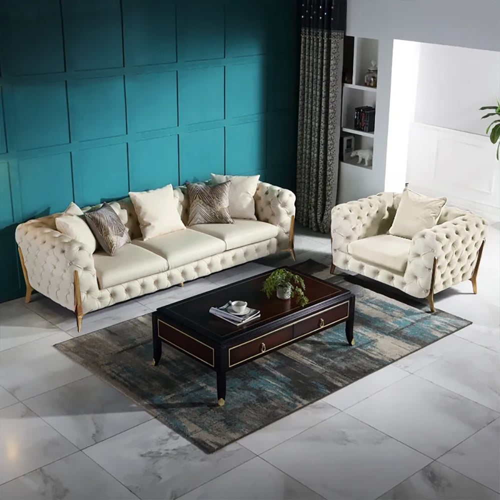 2300mm Beige Modern Chesterfield Sofa 3-Seater Button Tufted Velvet - Horizon and Stone 